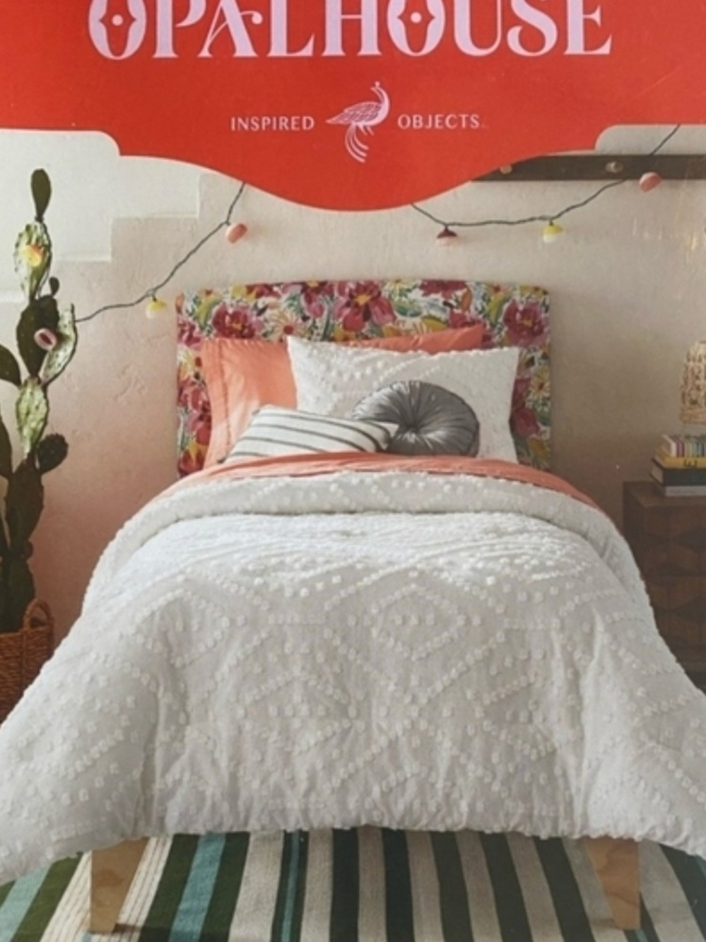 Opalhouse White Tufted Comforter with Coral Accents and Floral Headboard